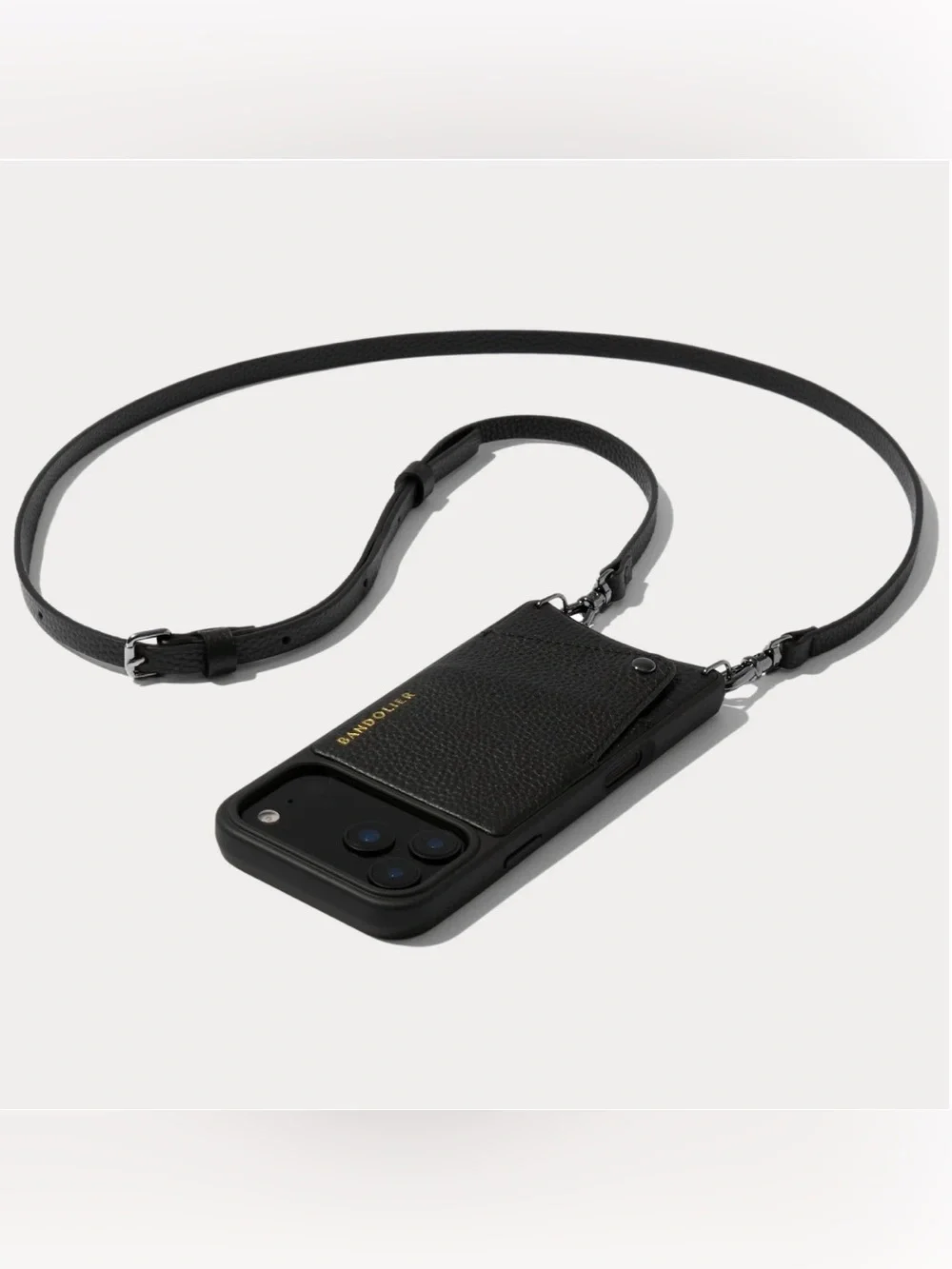 Bandolier Black Pebble Leather Crossbody Phone Wallet, Pewter hardware 13 ProMax